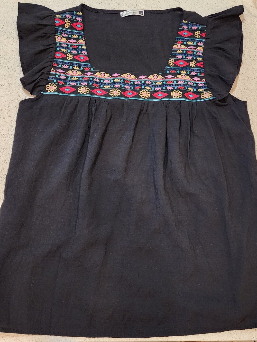 Large Black Embroidered Flutter-Sleeve Women Viscose Blend Multicolor Top